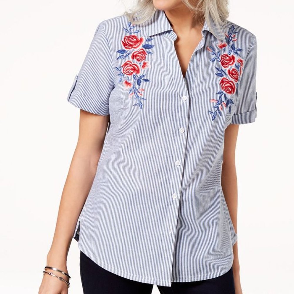 Karen Scott | Striped Blouse w/ Floral Embroidery